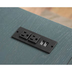 Escritorio esquinero en forma de L estilo rústico con puertos USB y tomas de corriente