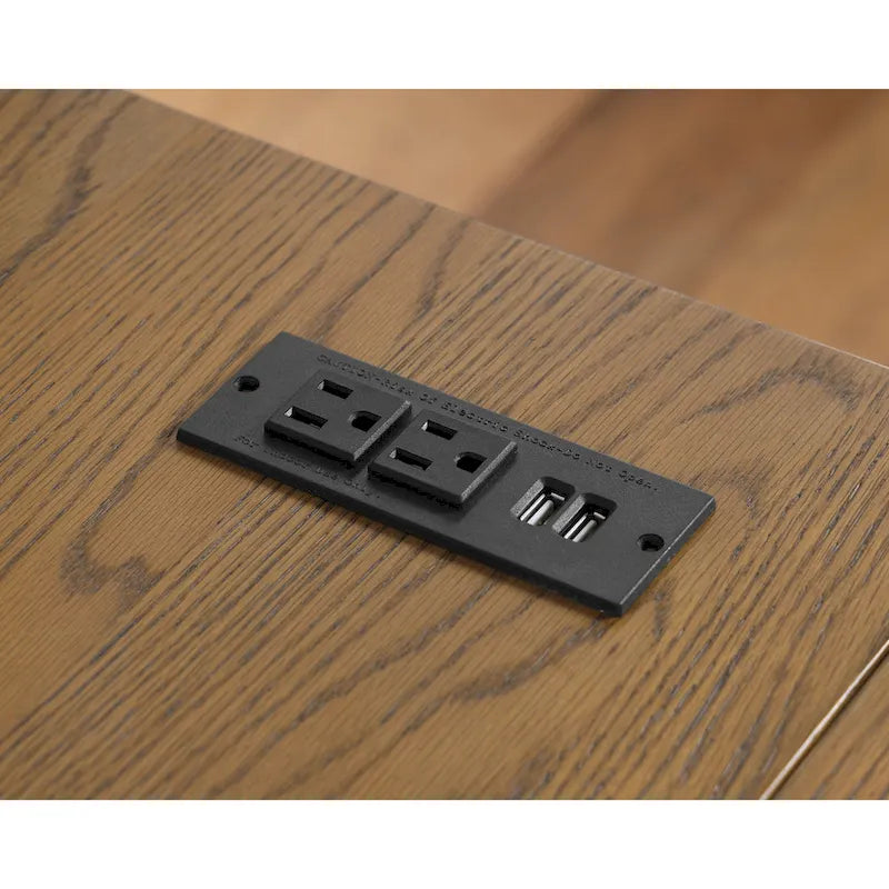 Escritorio esquinero en forma de L estilo rústico con puertos USB y tomas de corriente