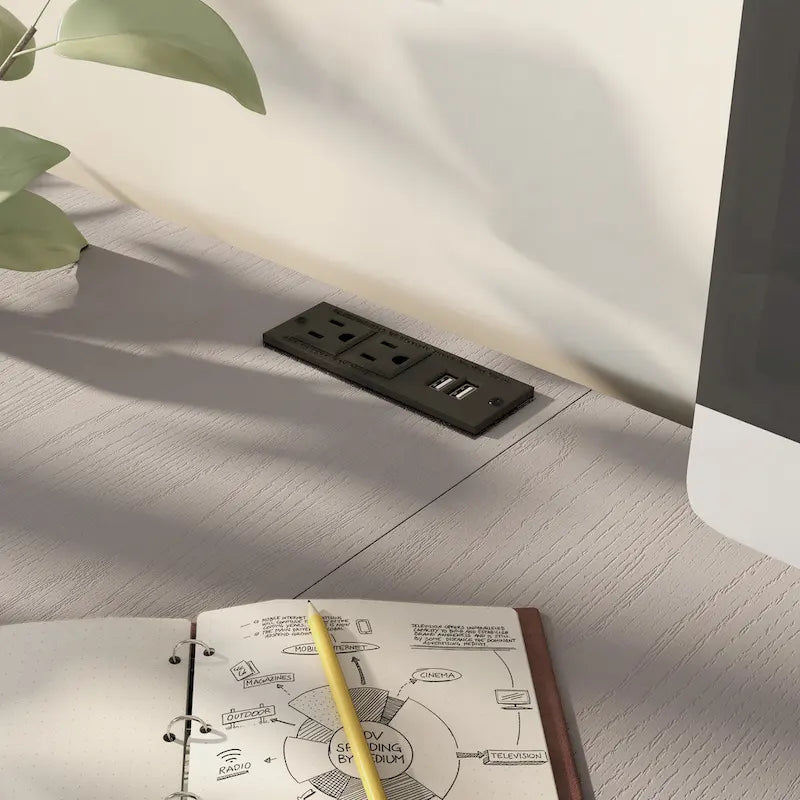 Escritorio esquinero en forma de L estilo rústico con puertos USB y tomas de corriente