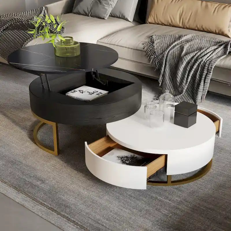 Mesa de centro nido redonda con tapa elevable y cajones giratorios
