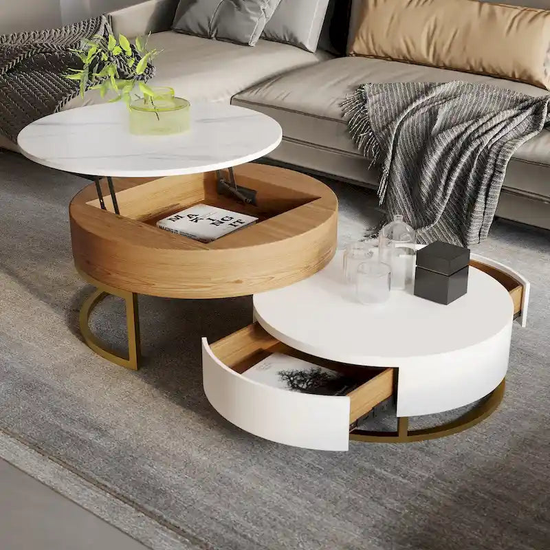 Mesa de centro nido redonda con tapa elevable y cajones giratorios