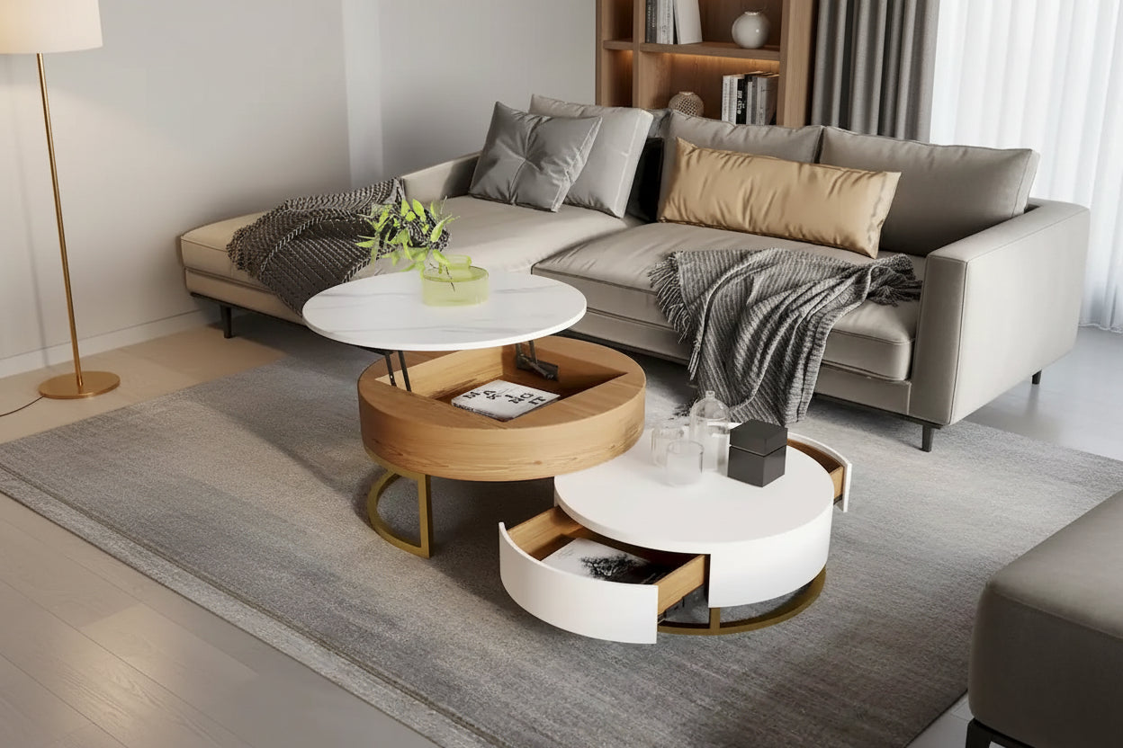 Round Wood Lift-top Nesting Coffee Table with Rotatable Drawers