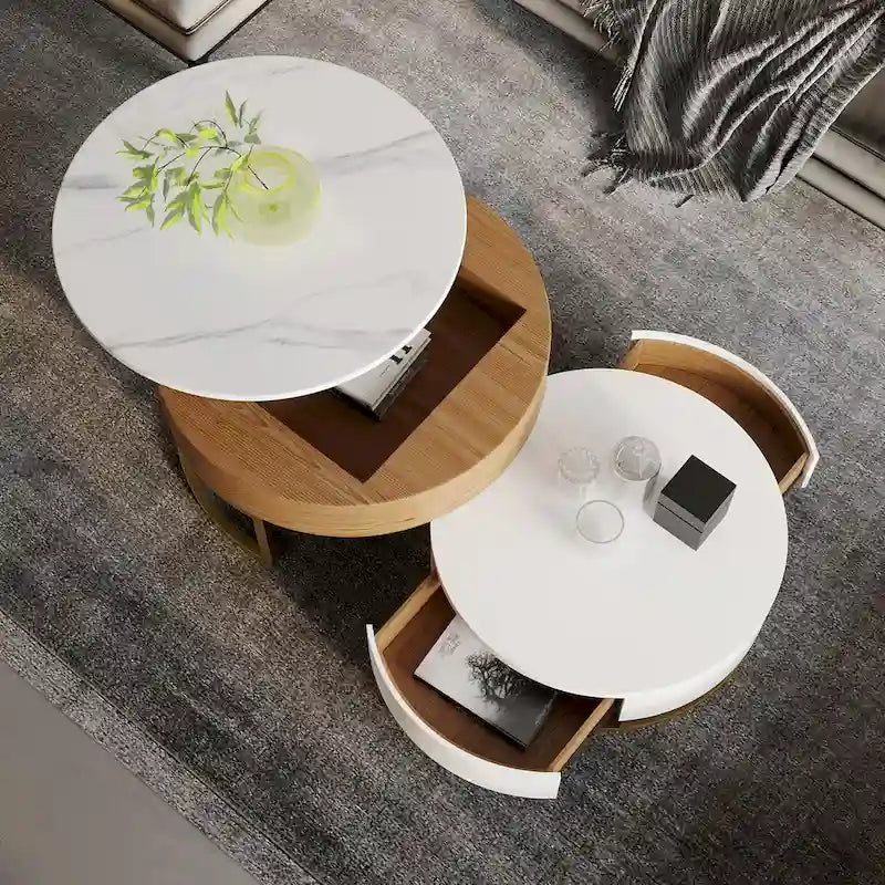 Mesa de centro nido redonda con tapa elevable y cajones giratorios