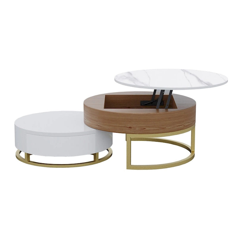 Mesa de centro nido redonda con tapa elevable y cajones giratorios