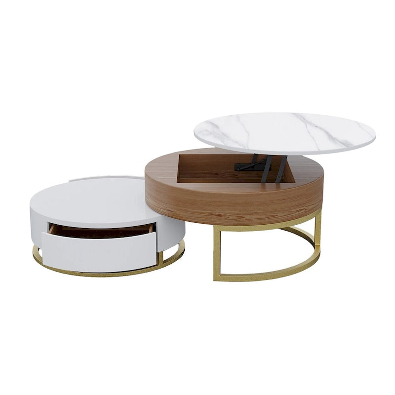 Mesa de centro nido redonda con tapa elevable y cajones giratorios