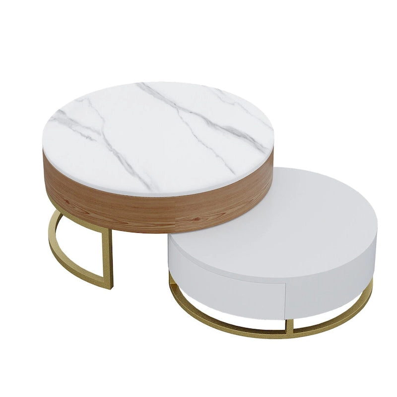 Mesa de centro nido redonda con tapa elevable y cajones giratorios