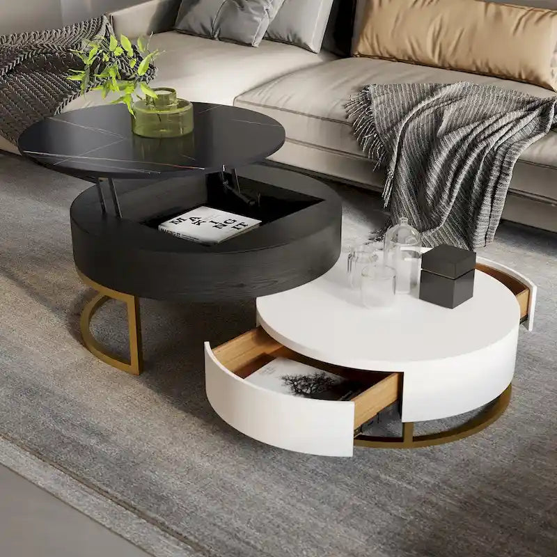 Mesa de centro nido redonda con tapa elevable y cajones giratorios
