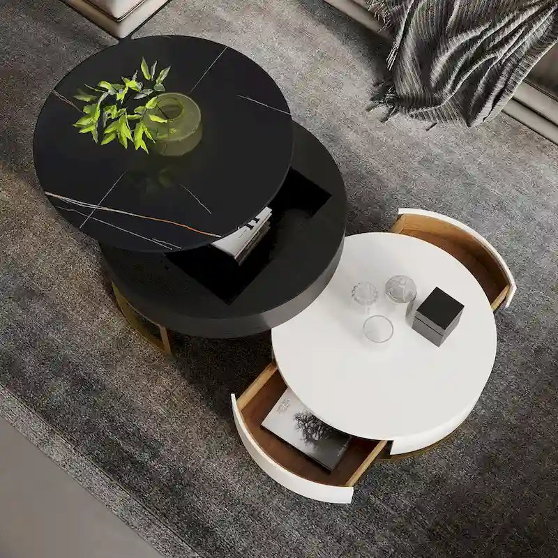 Mesa de centro nido redonda con tapa elevable y cajones giratorios