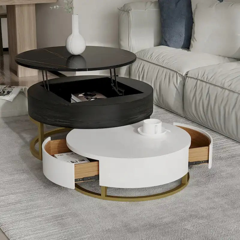 Mesa de centro nido redonda con tapa elevable y cajones giratorios