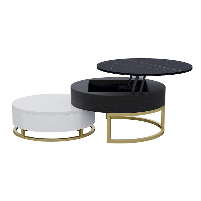 Mesa de centro nido redonda con tapa elevable y cajones giratorios