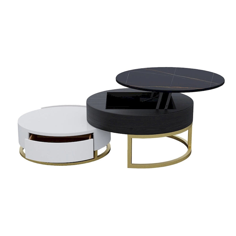Mesa de centro nido redonda con tapa elevable y cajones giratorios