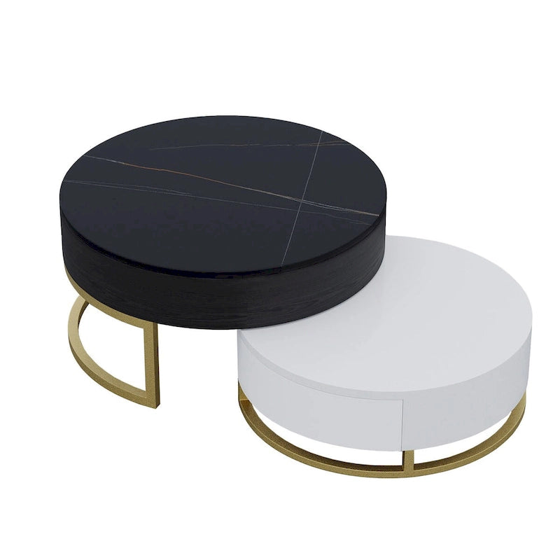 Mesa de centro nido redonda con tapa elevable y cajones giratorios