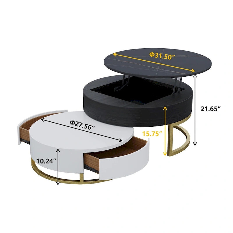 Mesa de centro nido redonda con tapa elevable y cajones giratorios