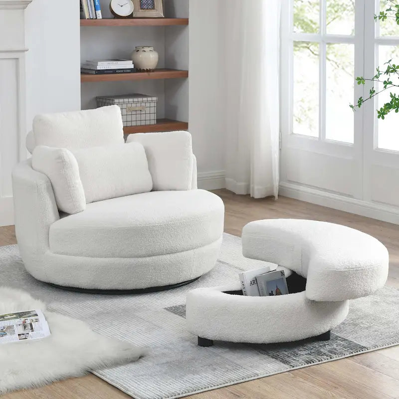 Sillón decorativo giratorio redondo con otomana de almacenaje y 4 cojines