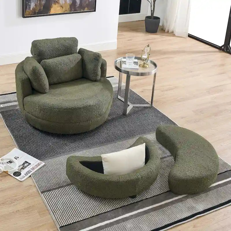 Sillón decorativo giratorio redondo con otomana de almacenaje y 4 cojines