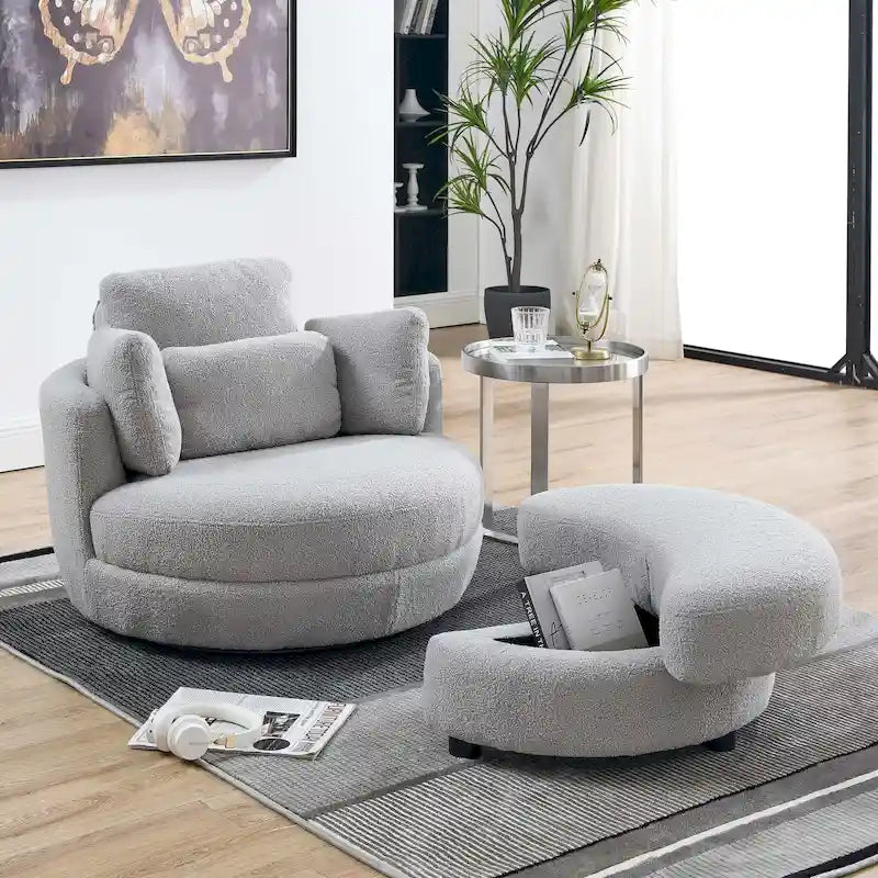 Sillón decorativo giratorio redondo con otomana de almacenaje y 4 cojines