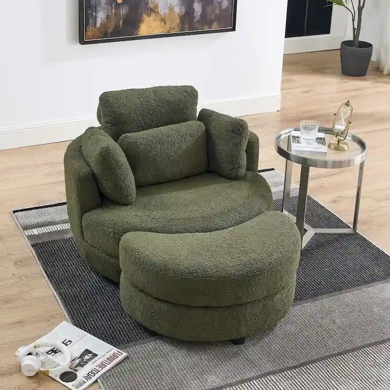 Sillón decorativo giratorio redondo con otomana de almacenaje y 4 cojines