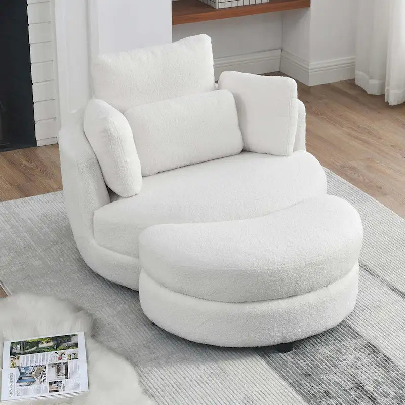 Sillón decorativo giratorio redondo con otomana de almacenaje y 4 cojines