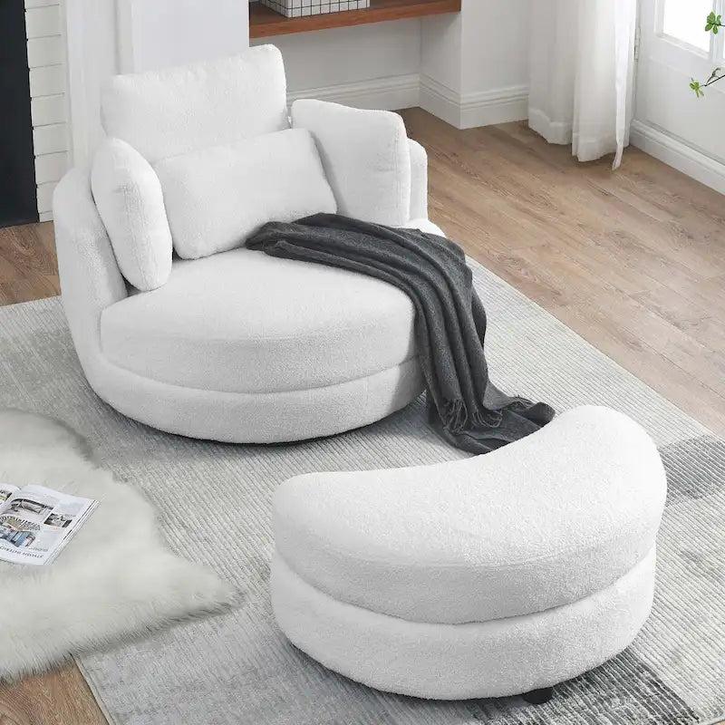 Sillón decorativo giratorio redondo con otomana de almacenaje y 4 cojines