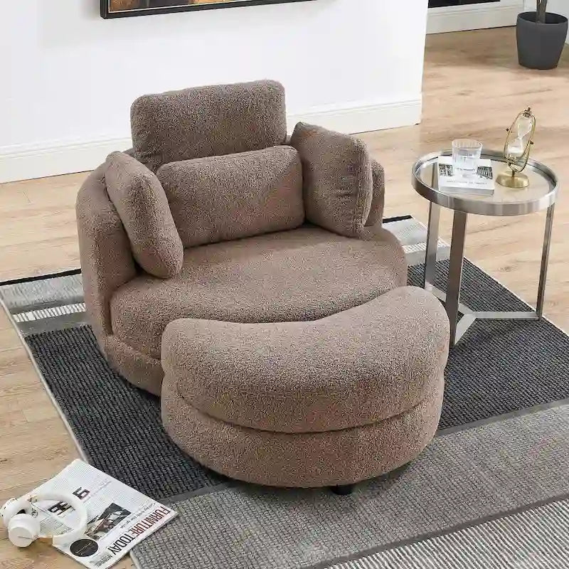 Sillón decorativo giratorio redondo con otomana de almacenaje y 4 cojines