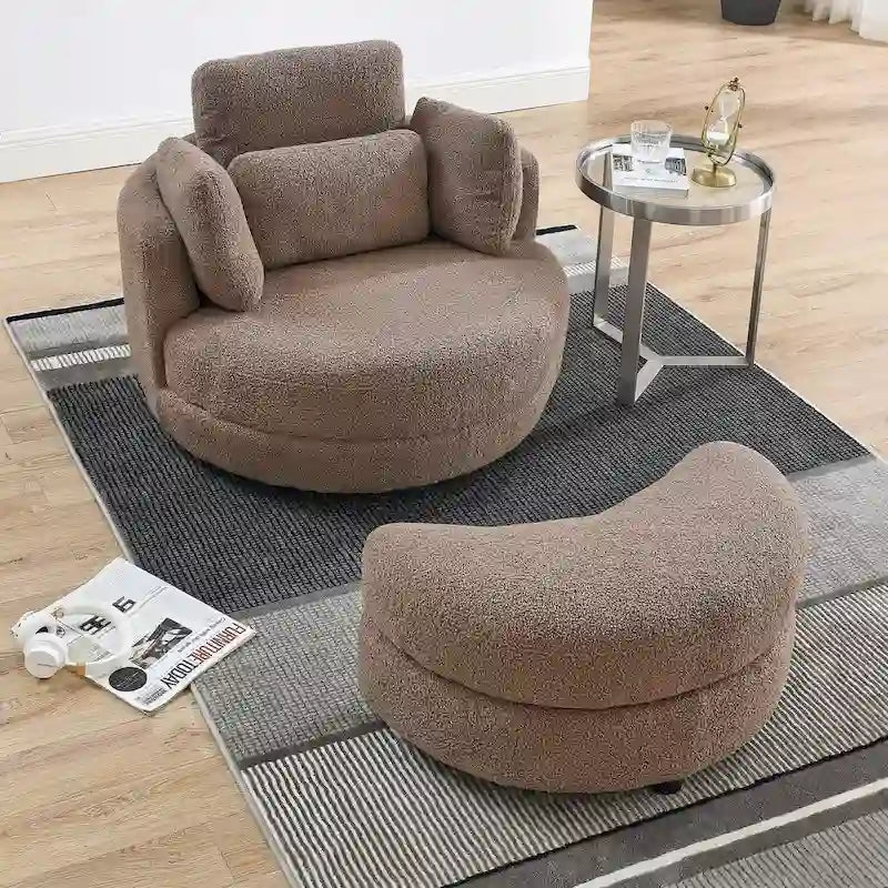 Sillón decorativo giratorio redondo con otomana de almacenaje y 4 cojines