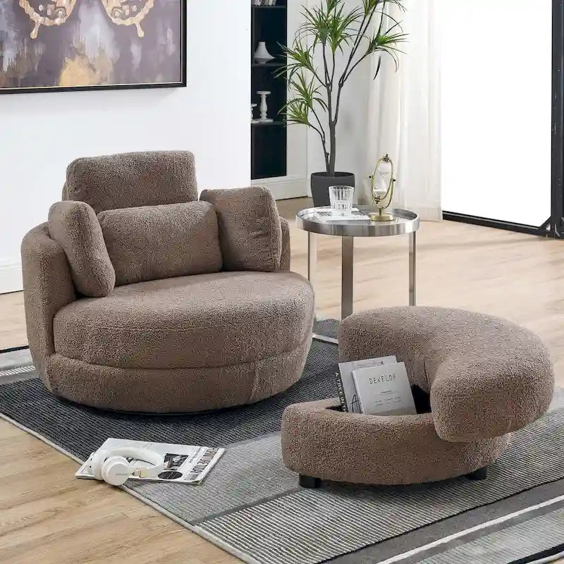 Sillón decorativo giratorio redondo con otomana de almacenaje y 4 cojines