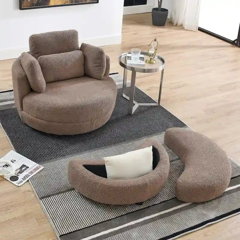 Sillón decorativo giratorio redondo con otomana de almacenaje y 4 cojines