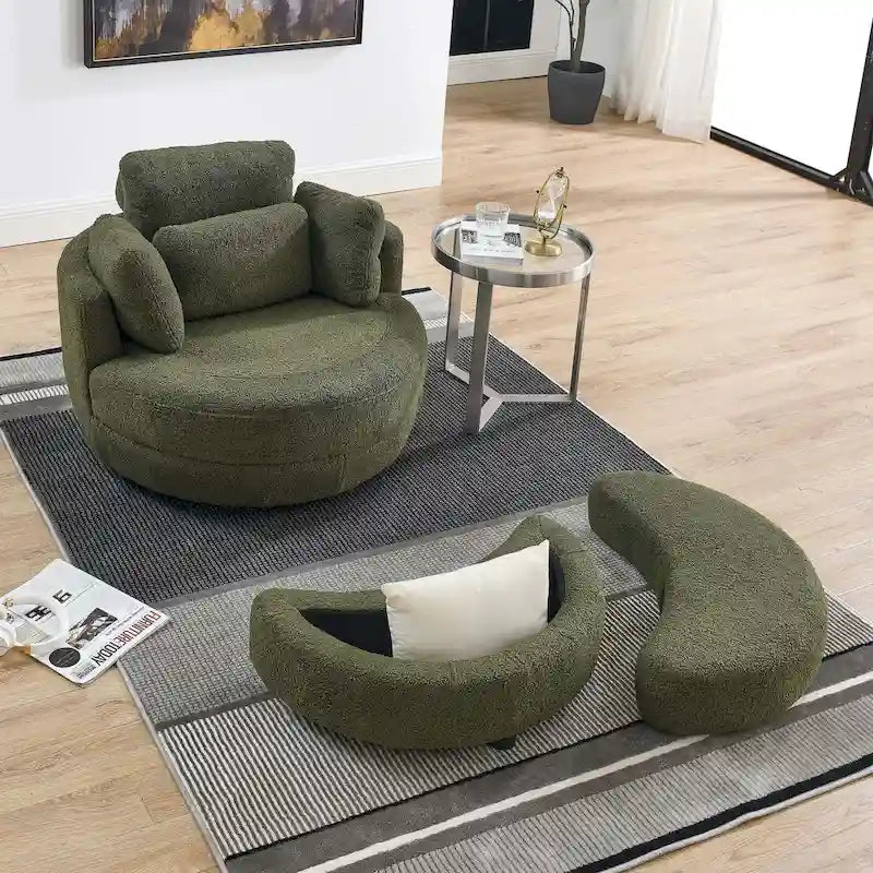 Sillón decorativo giratorio redondo con otomana de almacenaje y 4 cojines