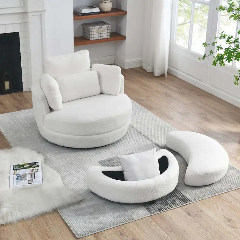 Sillón decorativo giratorio redondo con otomana de almacenaje y 4 cojines