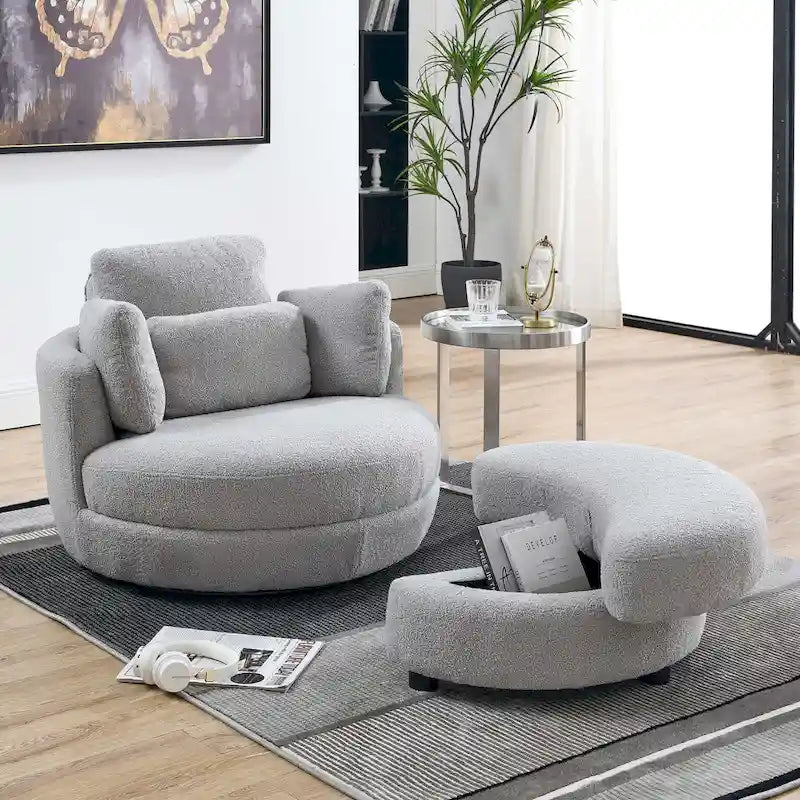 Sillón decorativo giratorio redondo con otomana de almacenaje y 4 cojines