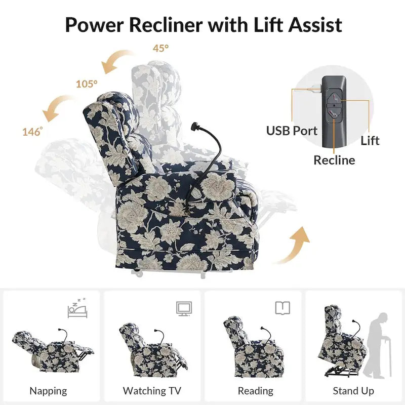 Sillón reclinable eléctrico tradicional con ayuda de elevación, masaje, calor y reposacabezas ajustable