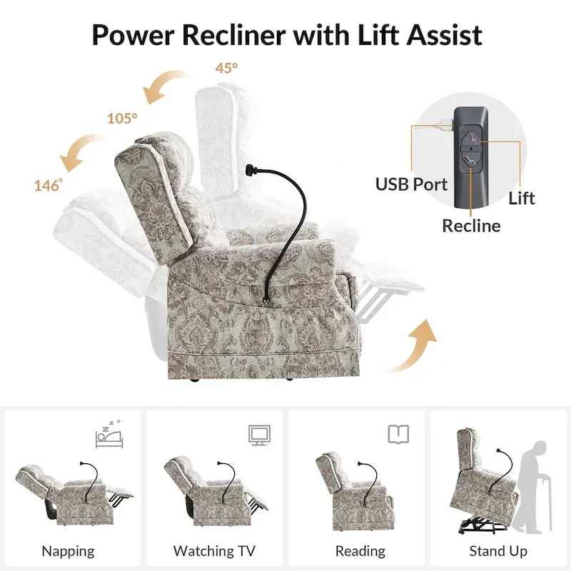 Sillón reclinable eléctrico tradicional con ayuda de elevación, masaje, calor y reposacabezas ajustable