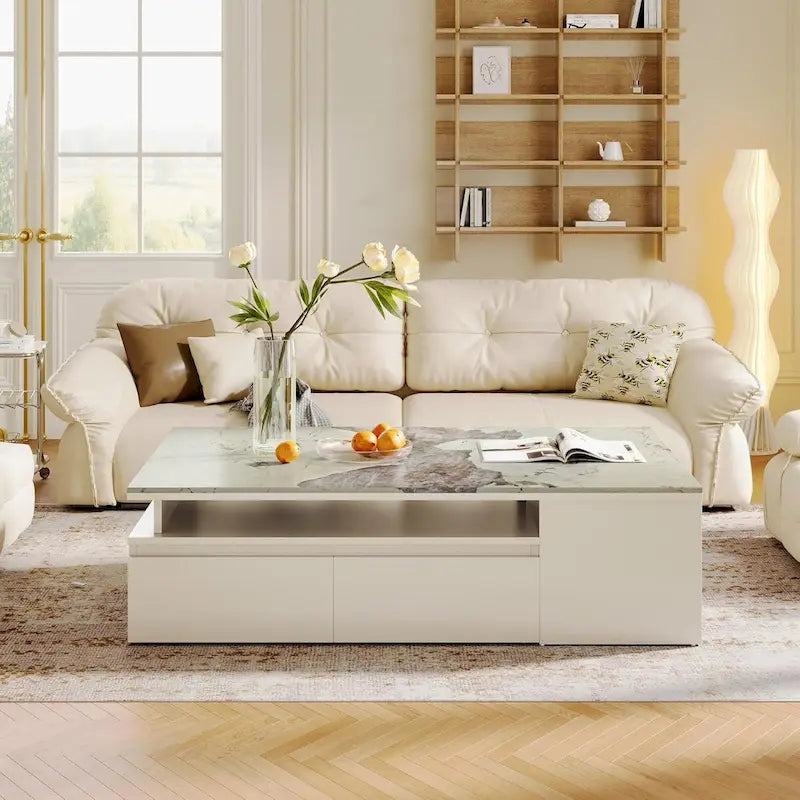 Mesa de centro con tablero extensible, cajones y estantes laterales