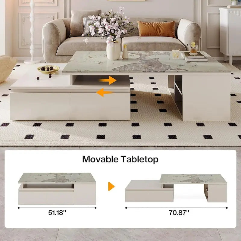 Mesa de centro con tablero extensible, cajones y estantes laterales