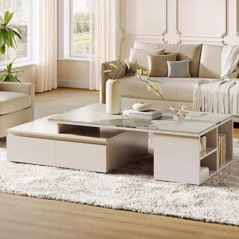 Mesa de centro con tablero extensible, cajones y estantes laterales