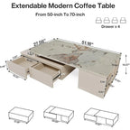 Mesa de centro con tablero extensible, cajones y estantes laterales