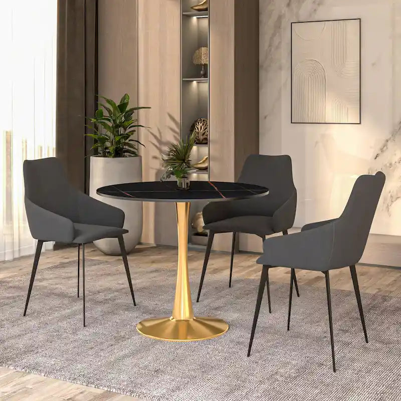 Mesa de Comedor Redonda de 31 Pulgadas con Cubierta de Piedra Sinterizada y Base de Pedestal de Acero