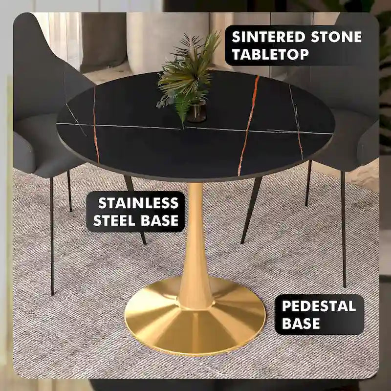 Mesa de Comedor Redonda de 31 Pulgadas con Cubierta de Piedra Sinterizada y Base de Pedestal de Acero