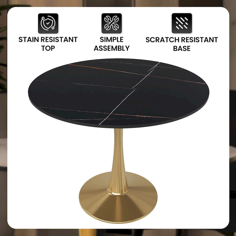 Mesa de Comedor Redonda de 31 Pulgadas con Cubierta de Piedra Sinterizada y Base de Pedestal de Acero