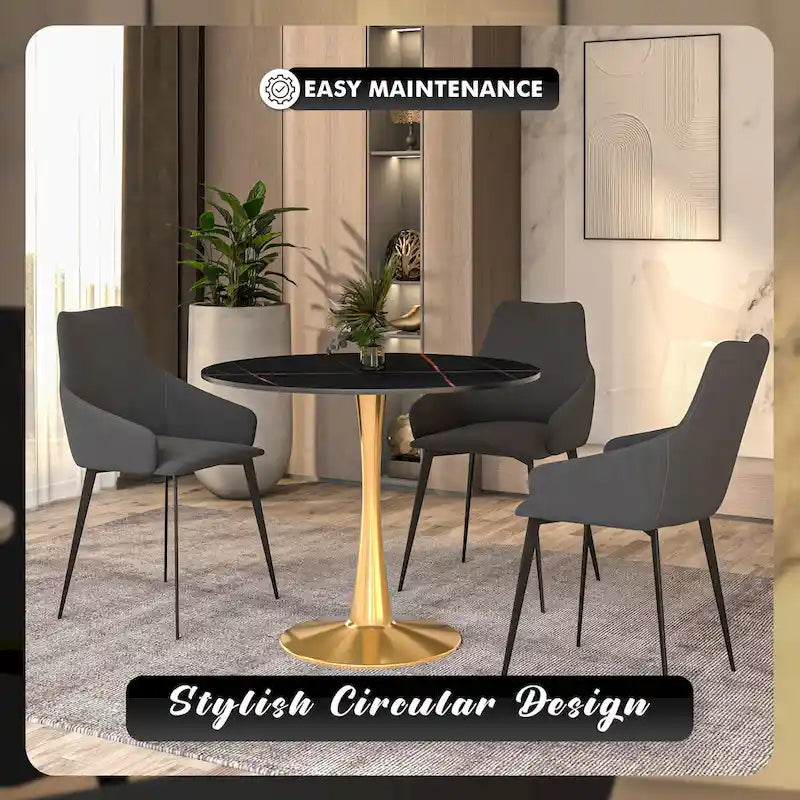 Mesa de Comedor Redonda de 31 Pulgadas con Cubierta de Piedra Sinterizada y Base de Pedestal de Acero