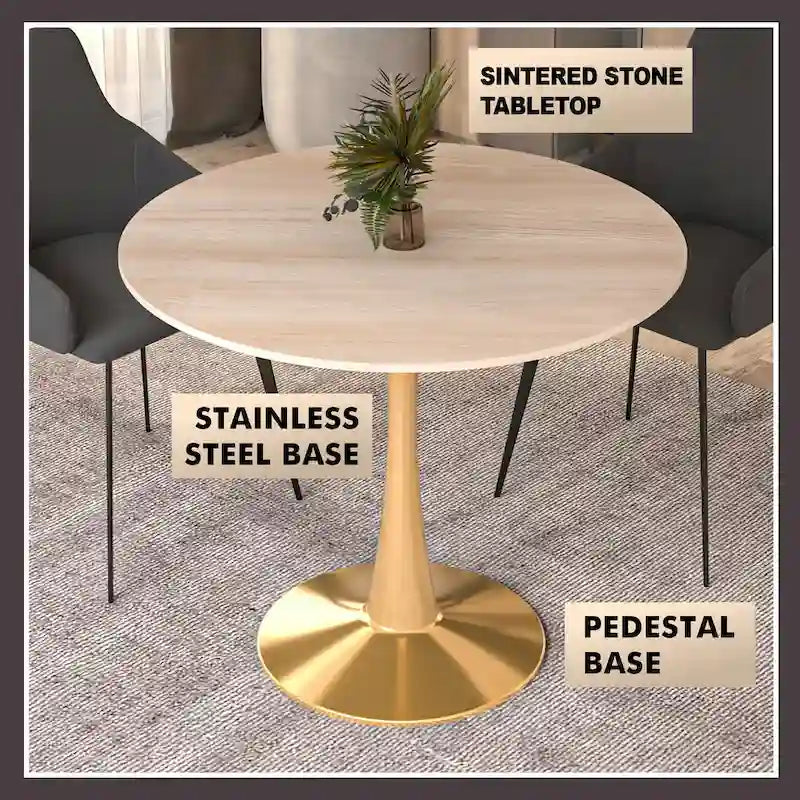 Mesa de Comedor Redonda de 31 Pulgadas con Cubierta de Piedra Sinterizada y Base de Pedestal de Acero