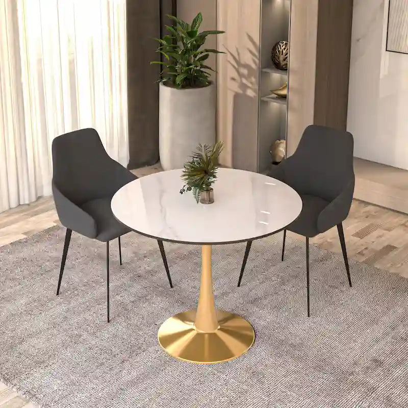 Mesa de Comedor Redonda de 31 Pulgadas con Cubierta de Piedra Sinterizada y Base de Pedestal de Acero