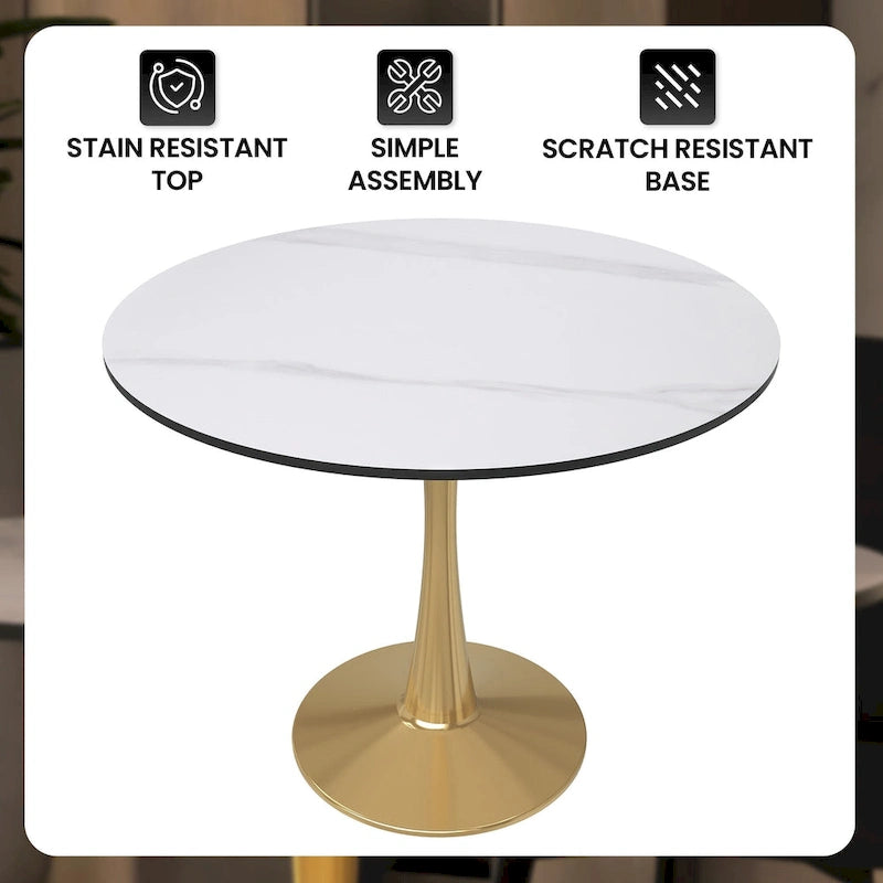 Mesa de Comedor Redonda de 31 Pulgadas con Cubierta de Piedra Sinterizada y Base de Pedestal de Acero