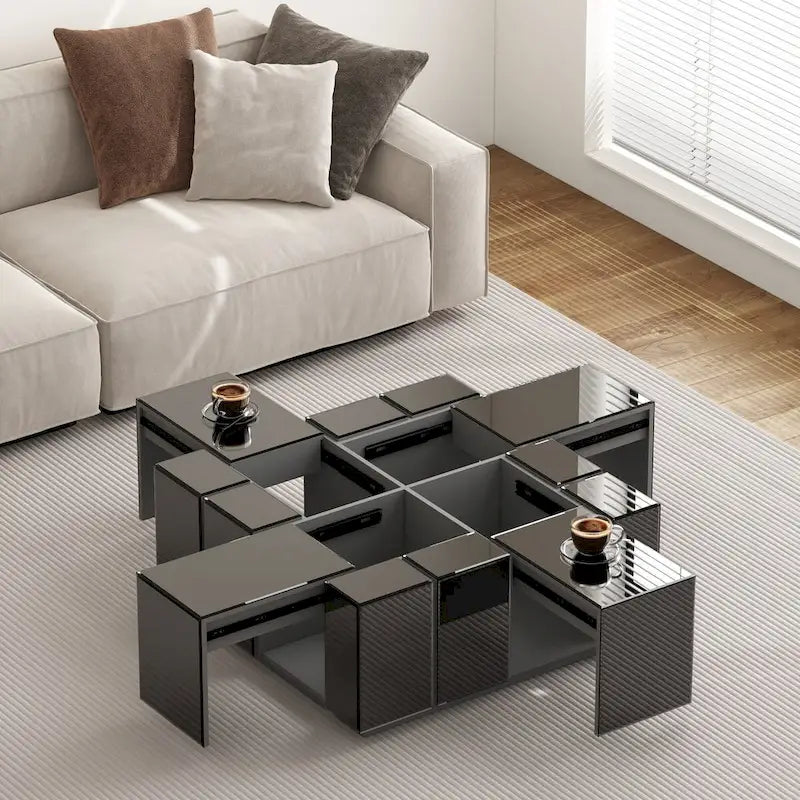 Mesa de centro geométrica con espejo y secciones extraíbles