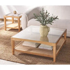 Mesa de centro cuadrada de cristal con estructura de madera de olmo - 40 An x 40 Pr x 17 Al