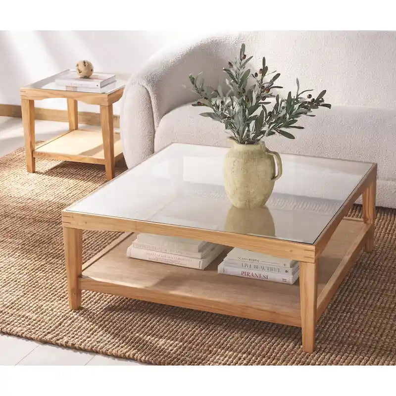 Mesa de centro cuadrada de cristal con estructura de madera de olmo - 40 An x 40 Pr x 17 Al