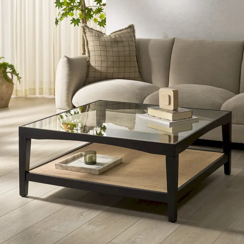 Mesa de centro cuadrada de cristal con estructura de madera de olmo - 40 An x 40 Pr x 17 Al