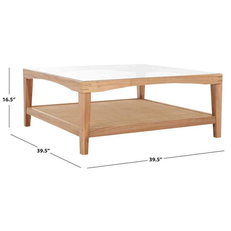 Mesa de centro cuadrada de cristal con estructura de madera de olmo - 40 An x 40 Pr x 17 Al