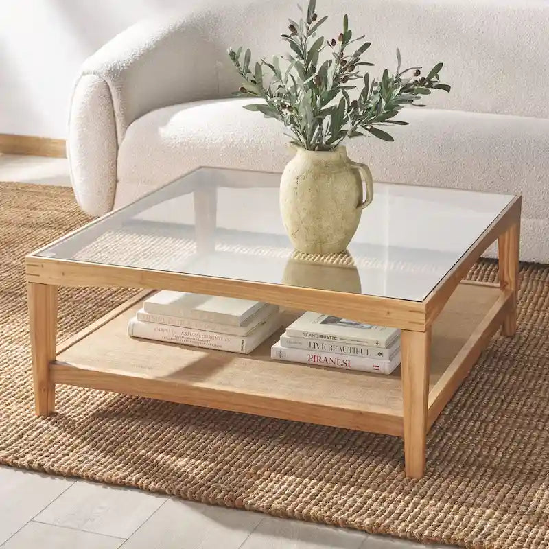 Mesa de centro cuadrada de cristal con estructura de madera de olmo - 40 An x 40 Pr x 17 Al