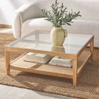 Mesa de centro cuadrada de cristal con estructura de madera de olmo - 40 An x 40 Pr x 17 Al